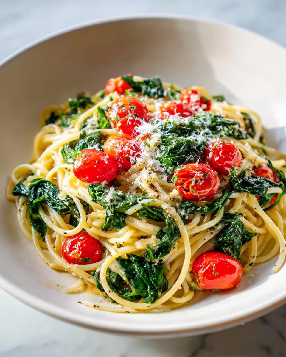 Plate of healthy pasta recipes with spaghetti, spinach, cherry tomatoes, and grated cheese.