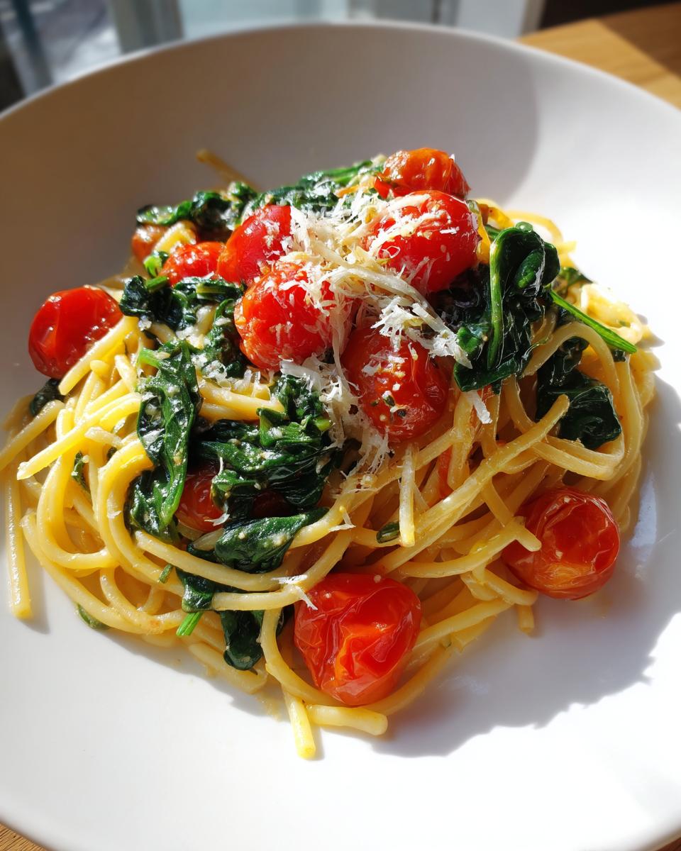 Plate of healthy pasta recipes with spaghetti, spinach, cherry tomatoes, and grated cheese.