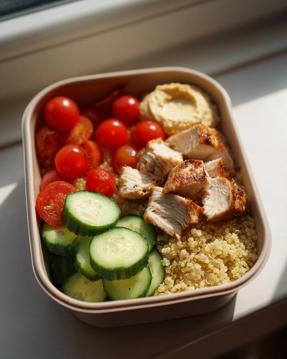 Lunchbox with grilled chicken, quinoa, cucumber slices, cherry tomatoes, and hummus for ramadan healthy lunchbox ideas