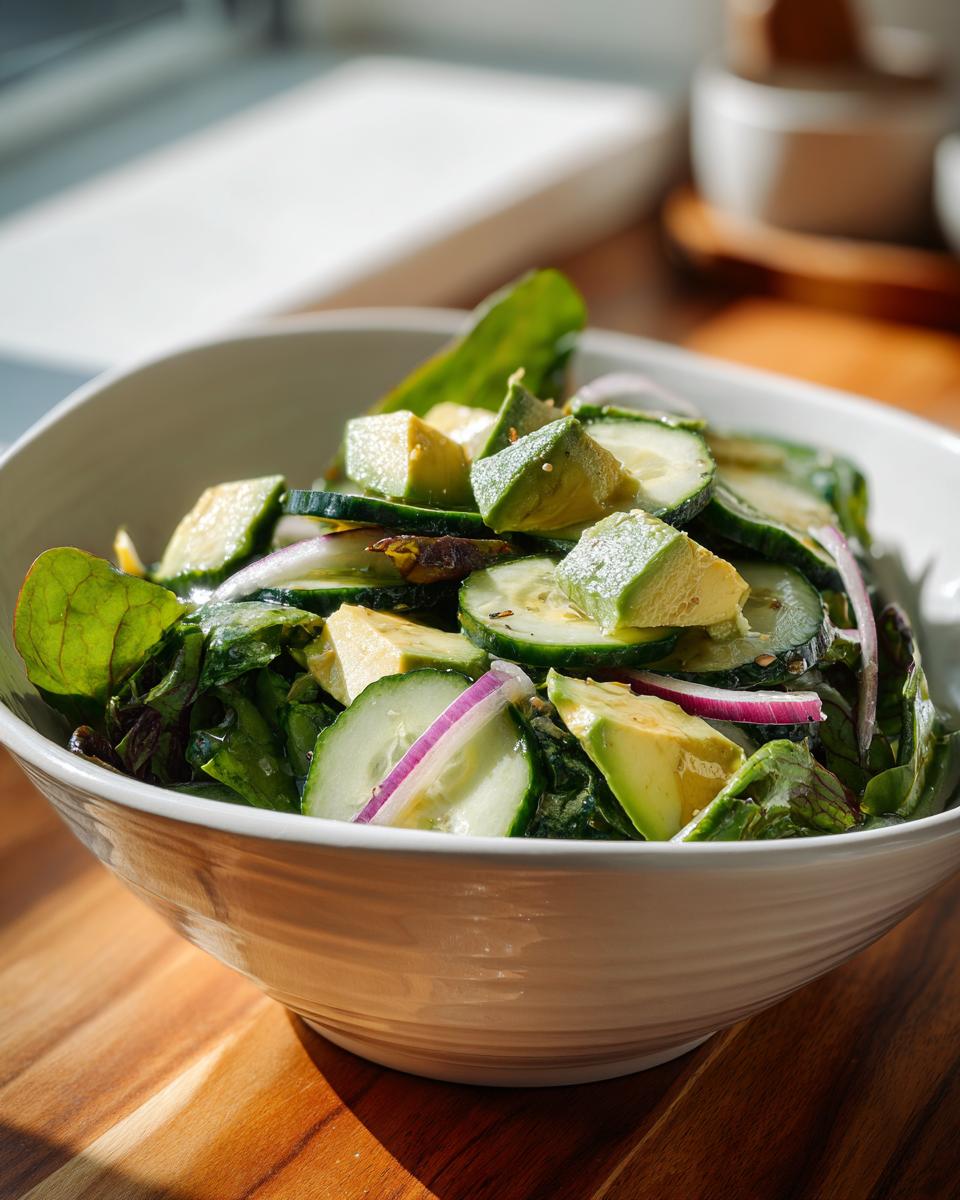 Bowl of healthy salad recipes with avocado, cucumber slices, red onion, and leafy greens