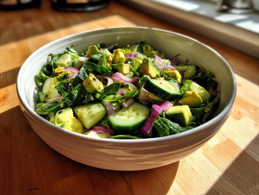 Bowl of healthy salad recipes with avocado, cucumber, spinach, and red onion on wooden surface.