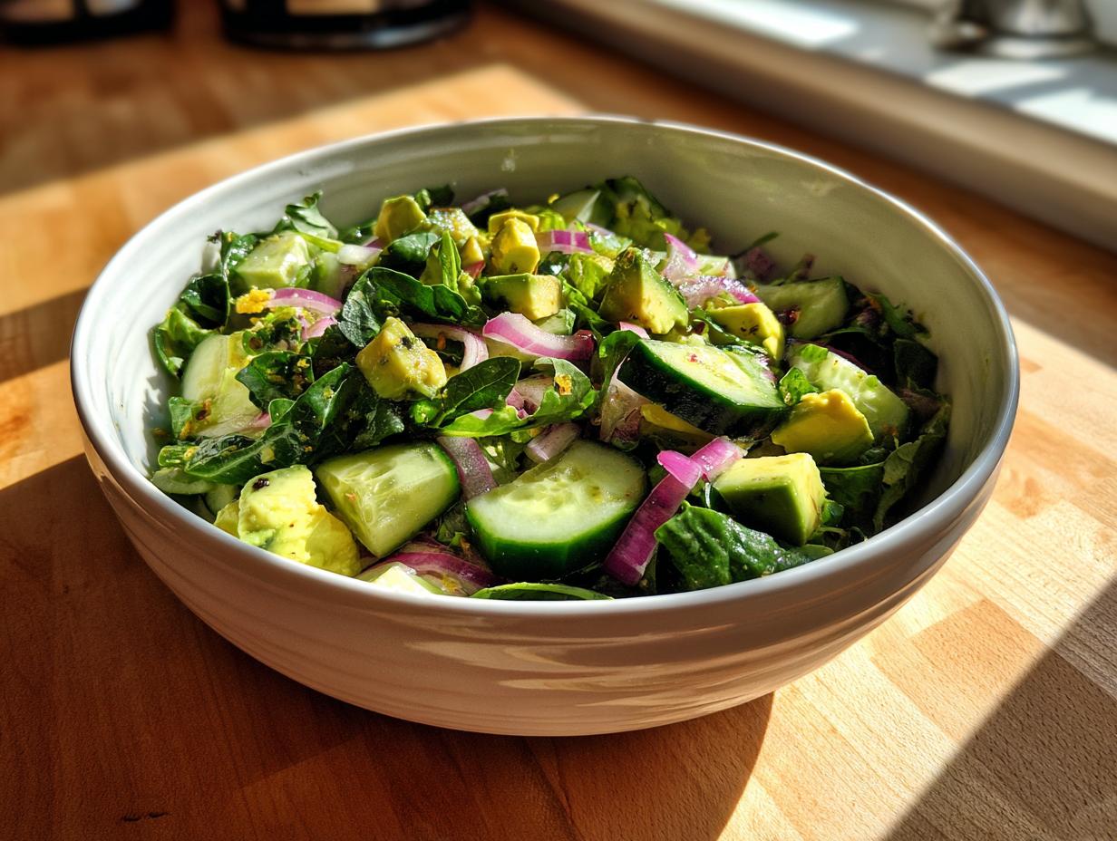 Bowl of healthy salad recipes with avocado, cucumber, spinach, and red onion on wooden surface.