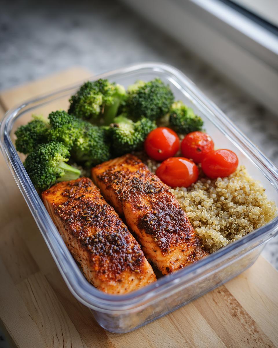 Salmon meal prep with two seasoned salmon fillets, broccoli, cherry tomatoes, and quinoa in a glass container.