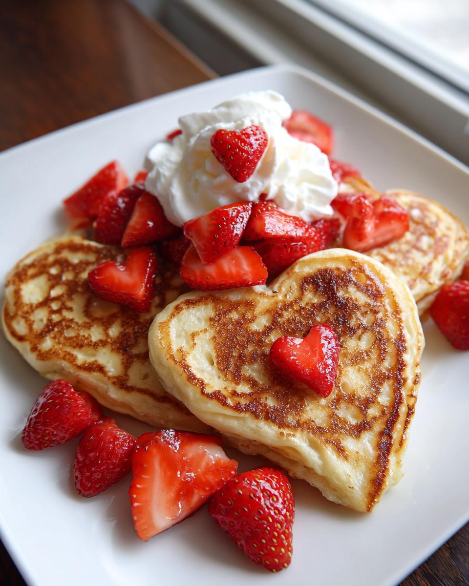 Heart-shaped pancakes topped with whipped cream and fresh strawberries for valentines breakfast.