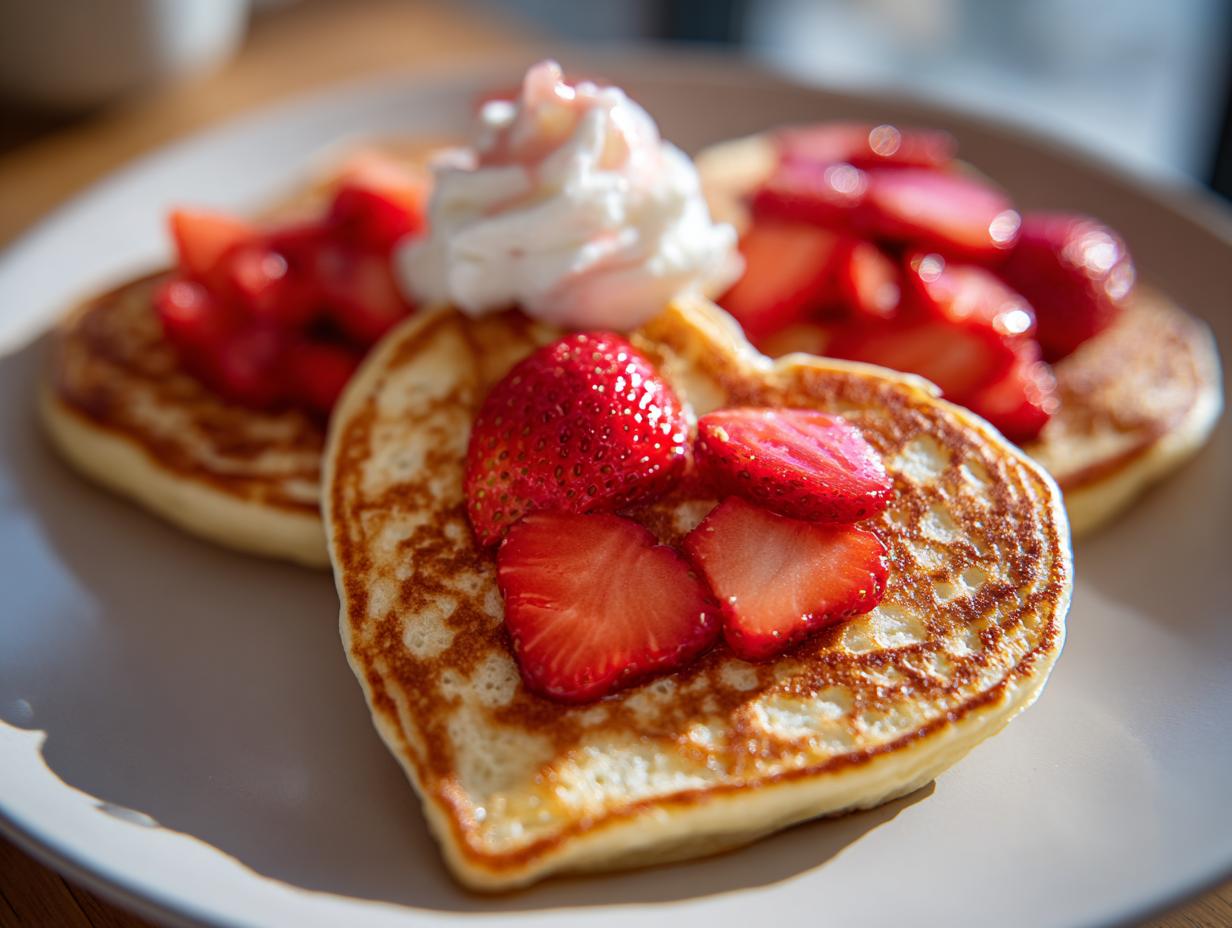 Heart-shaped valentines breakfast pancakes topped with sliced strawberries and whipped cream on a plate.
