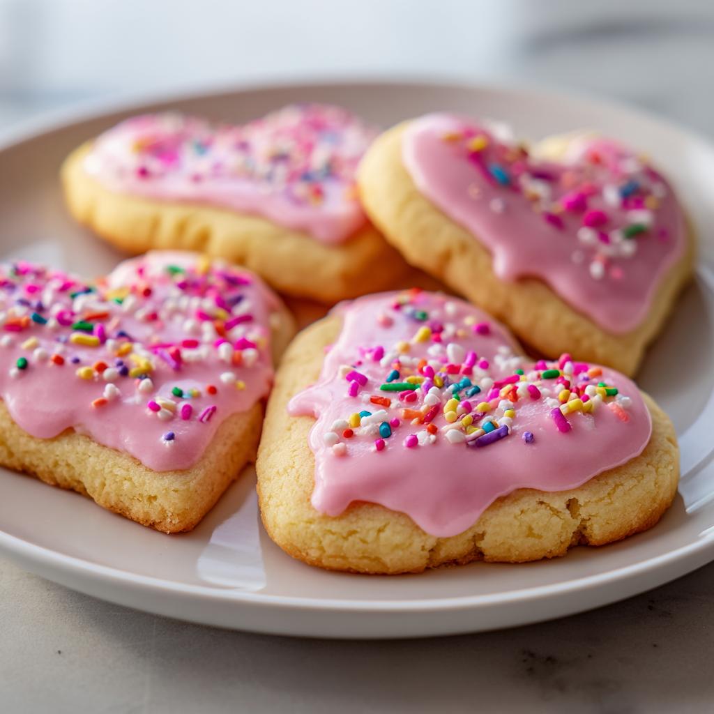 Heart-shaped valentines cookies with pink icing and colorful sprinkles on a white plate.