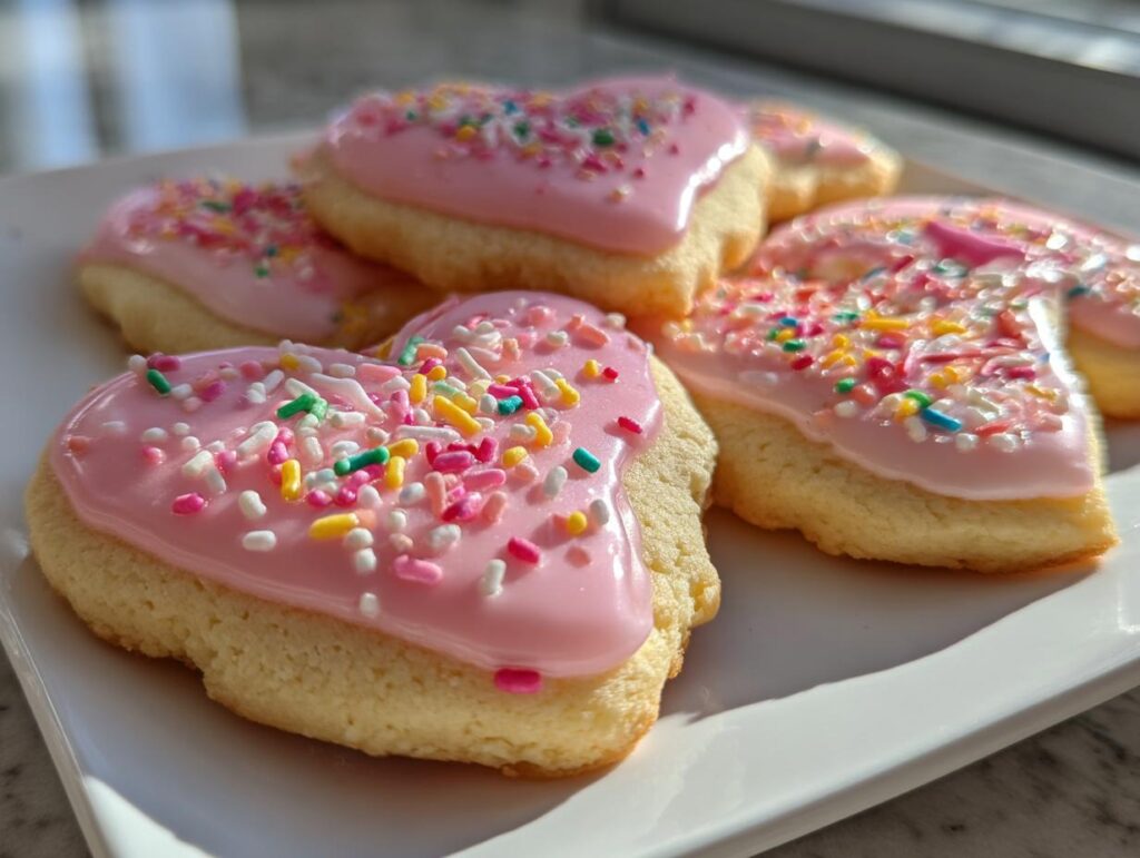 Close-up of heart-shaped valentines cookies with pink icing and colorful sprinkles on a white plate.
