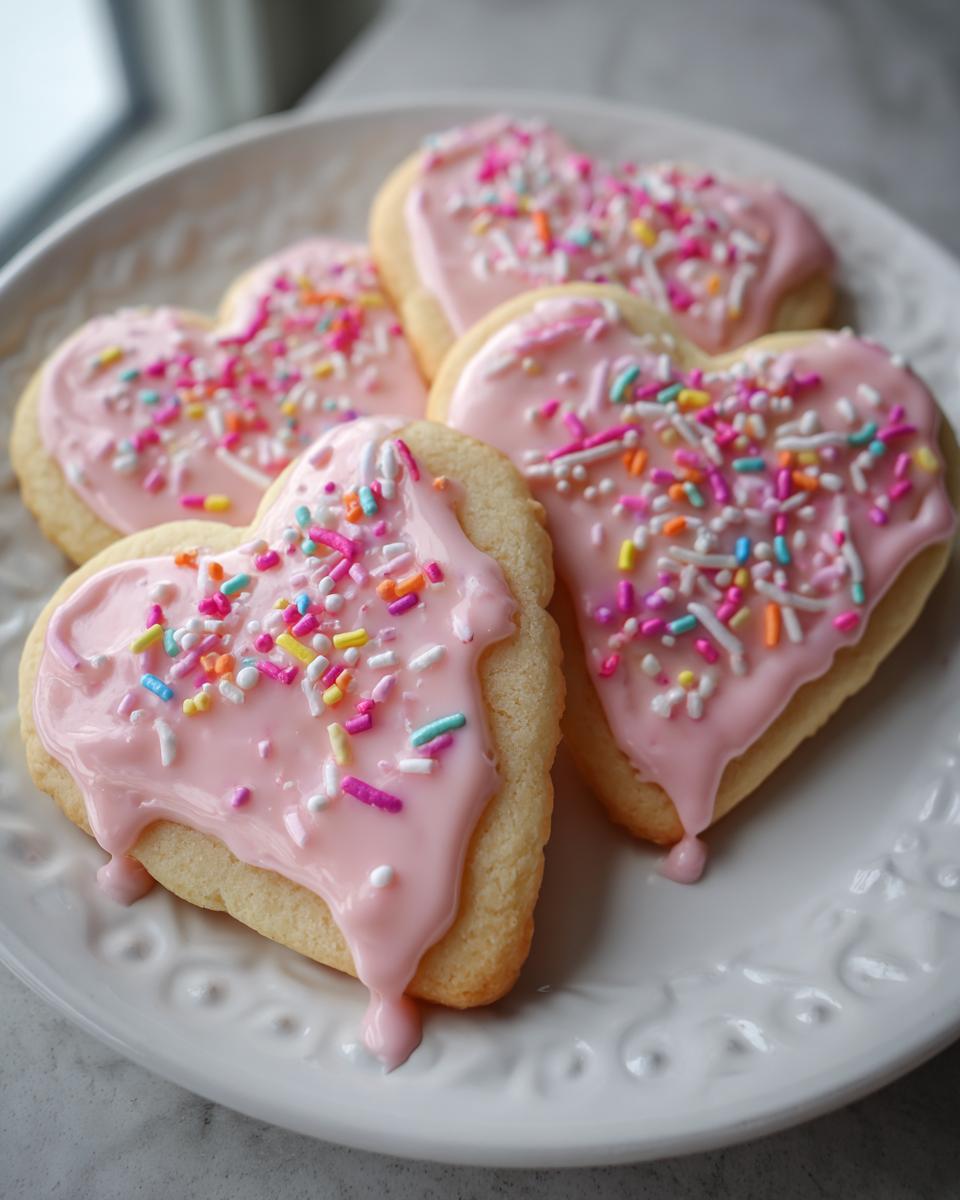 Heart-shaped valentines cookies with pink icing and colorful sprinkles on a white plate.