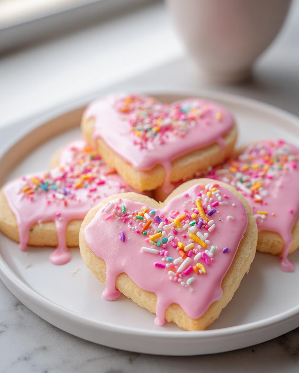 Heart-shaped valentines cookies with pink icing and colorful sprinkles on a white plate.