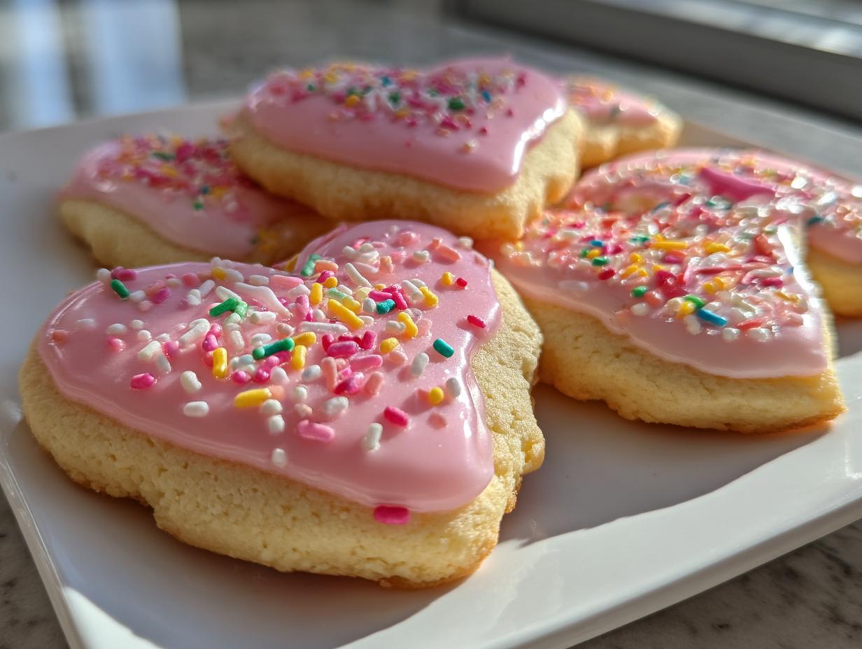 Close-up of heart-shaped valentines cookies with pink icing and colorful sprinkles on a white plate.