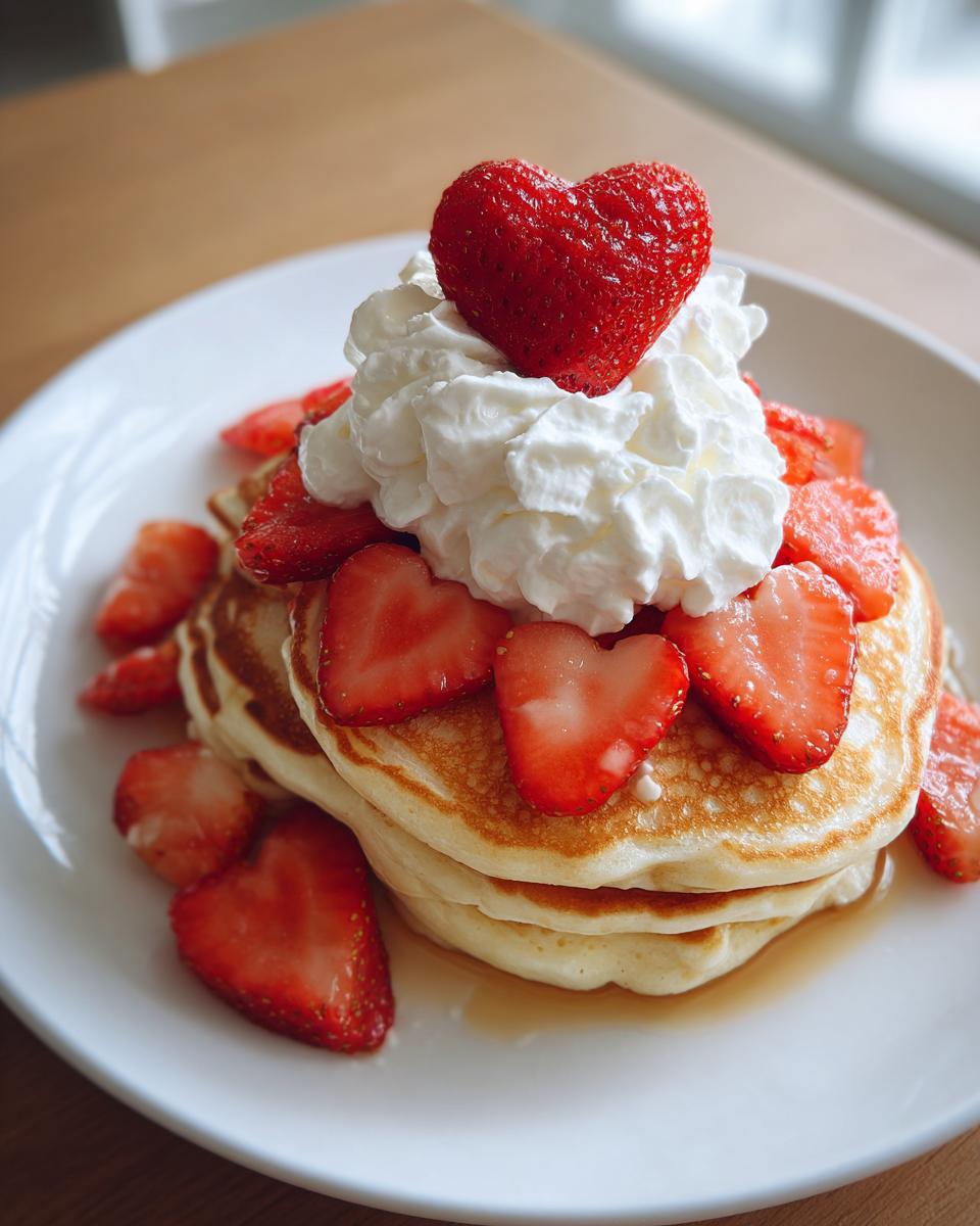 Stack of pancakes topped with whipped cream and heart-shaped strawberry slices for valentines breakfast