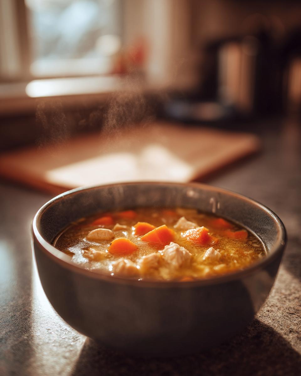 Steaming bowl of chicken soup with chunks of chicken and carrots in broth