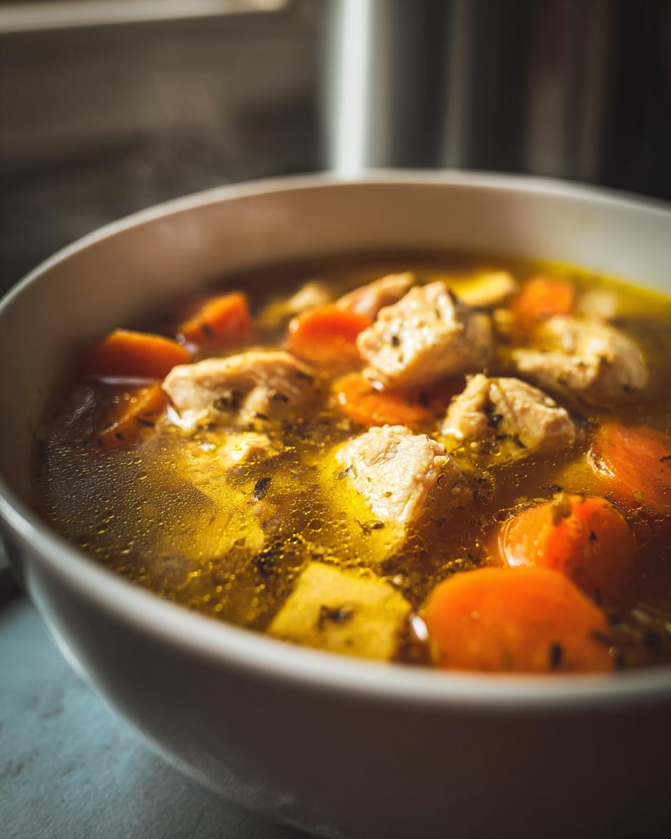 Close-up of hearty chicken soup with chunks of chicken and carrots in broth