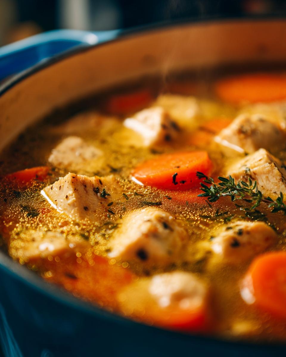 Close-up of steaming chicken soup with carrots and herbs in a blue pot, showcasing chicken soup recipes.