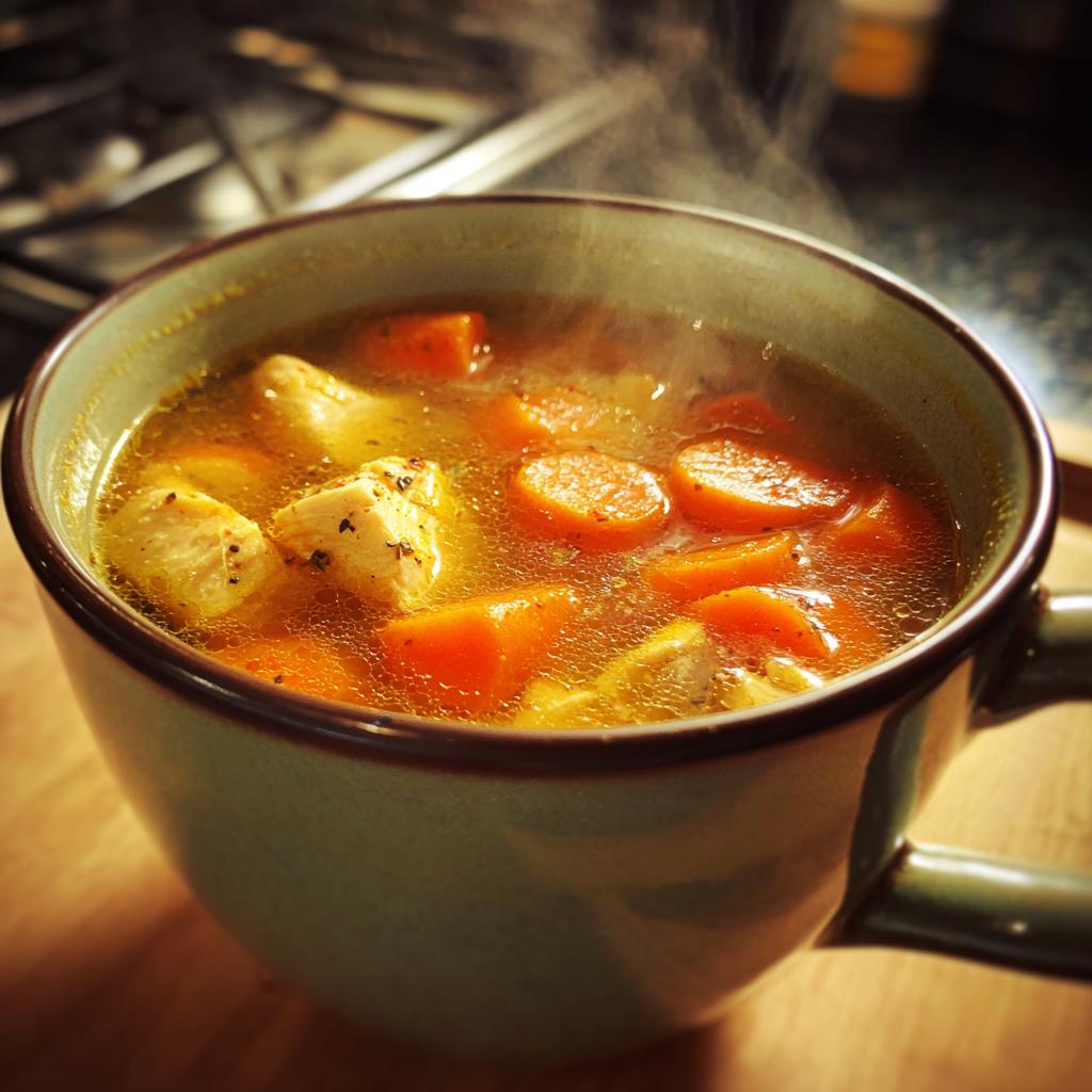 Steaming mug of hearty chicken soup with chunks of chicken and sliced carrots