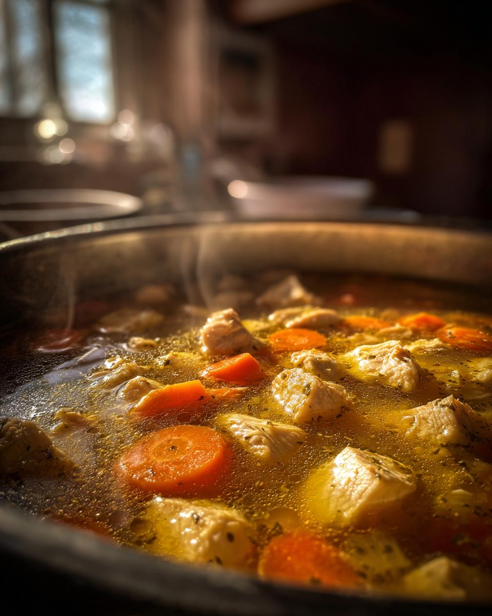 Close-up of steaming chicken soup with chunks of chicken and sliced carrots in a pot.