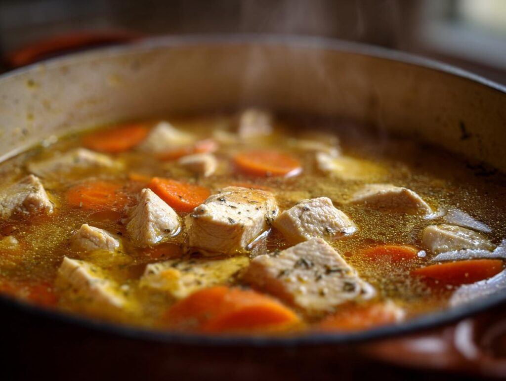 Close-up of steaming chicken soup with chunks of chicken and sliced carrots in broth.