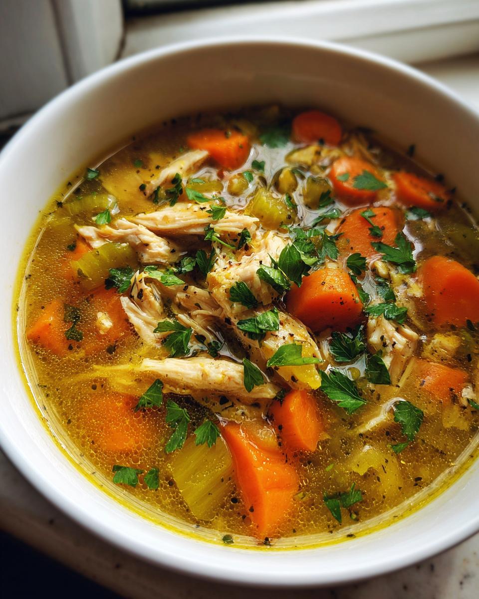 Bowl of chicken and vegetable soup for iftar with carrots, celery, shredded chicken, and herbs