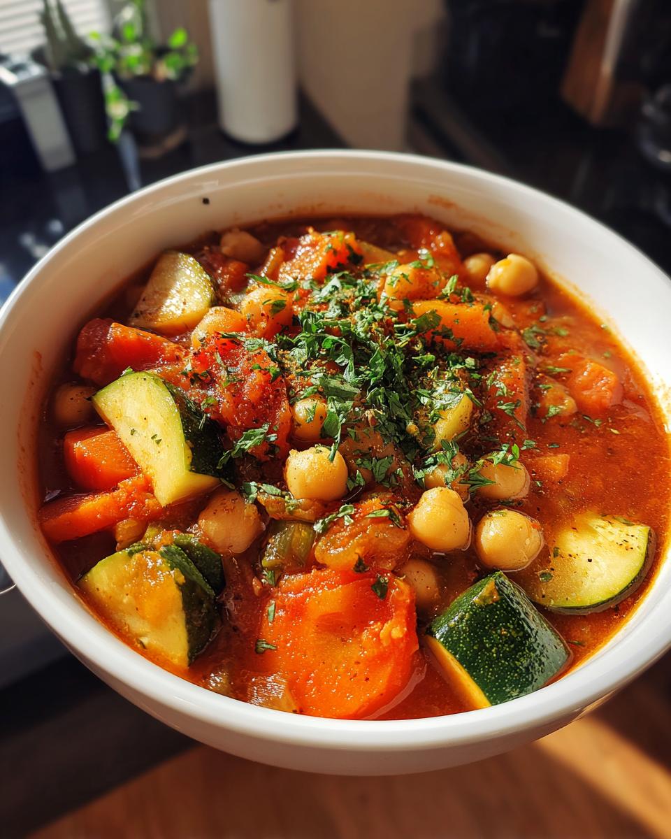 Bowl of chickpea and vegetable stew ramadan with carrots, zucchini, and herbs in tomato broth
