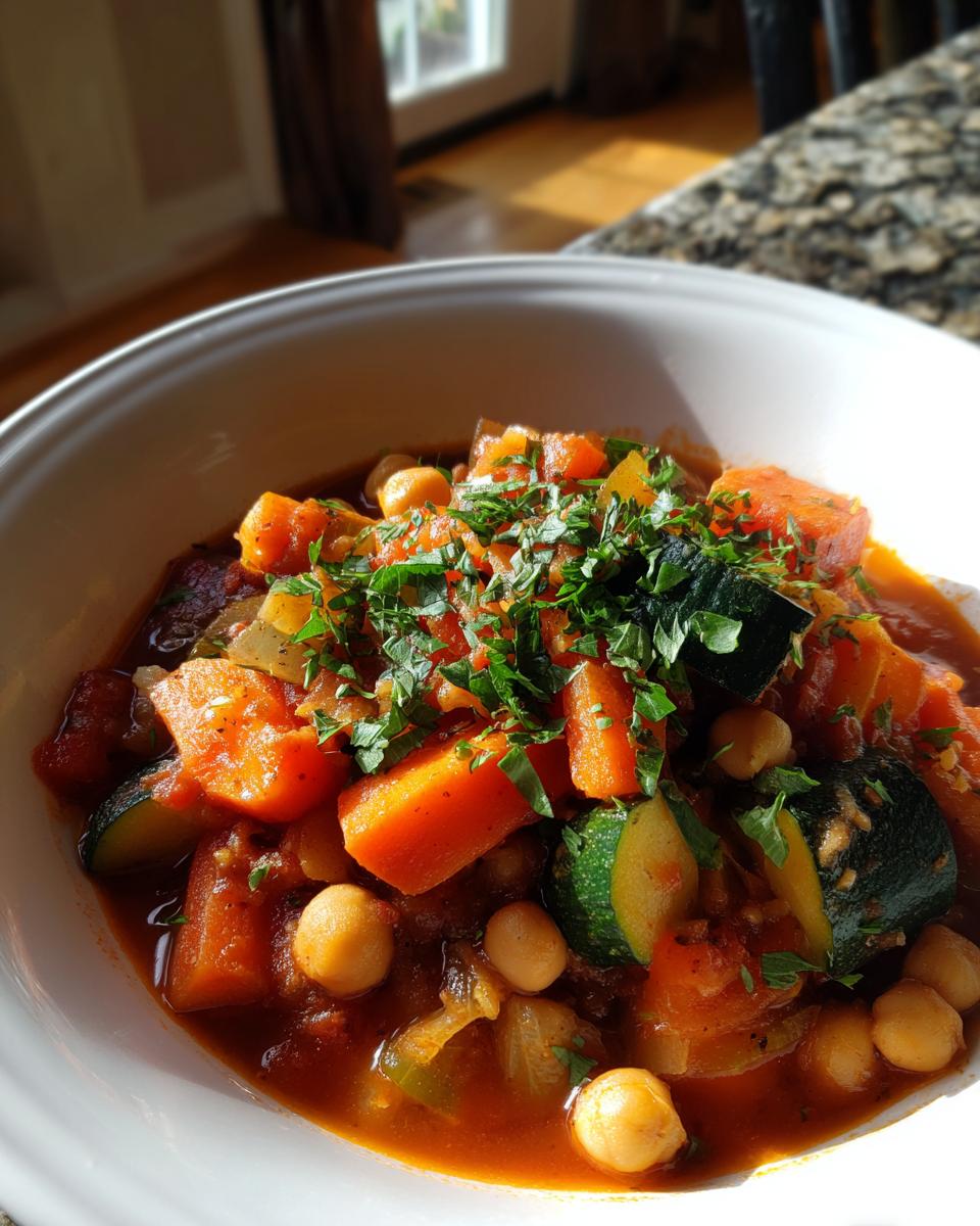 Bowl of chickpea and vegetable stew ramadan with carrots, zucchini, and fresh herbs