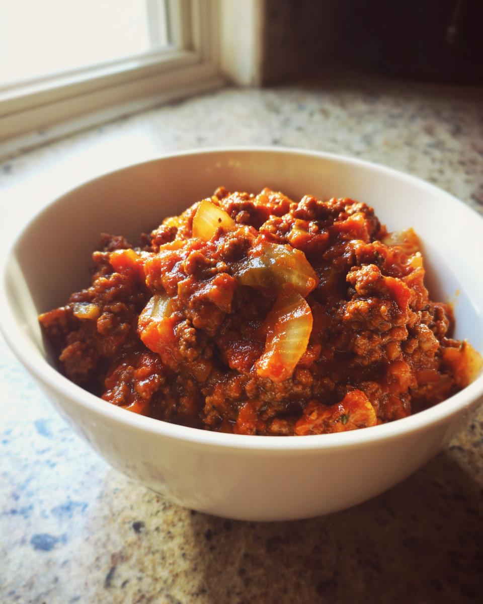 Bowl filled with hearty chili featuring ground meat, onions, and tomato sauce for cozy dinner recipes