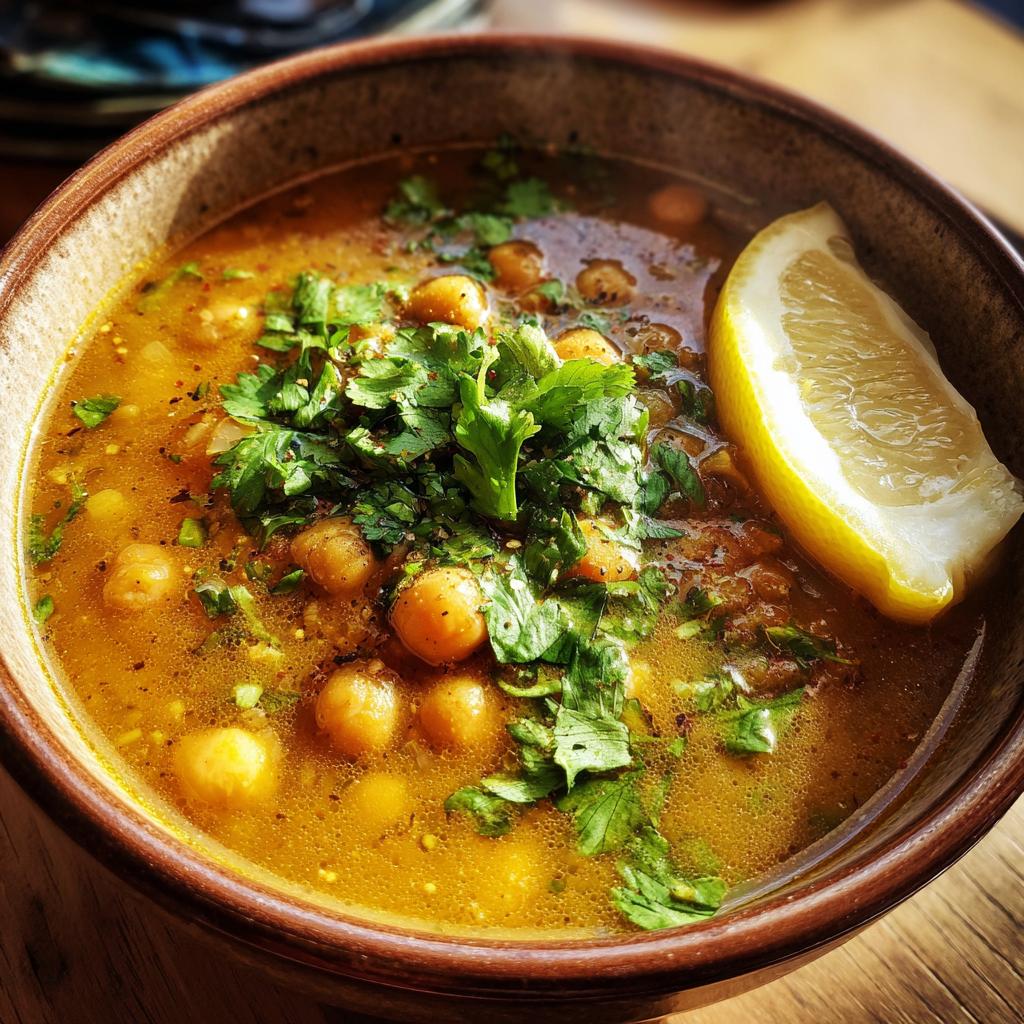 Bowl of harira style soup for iftar with chickpeas, fresh herbs, and lemon wedge