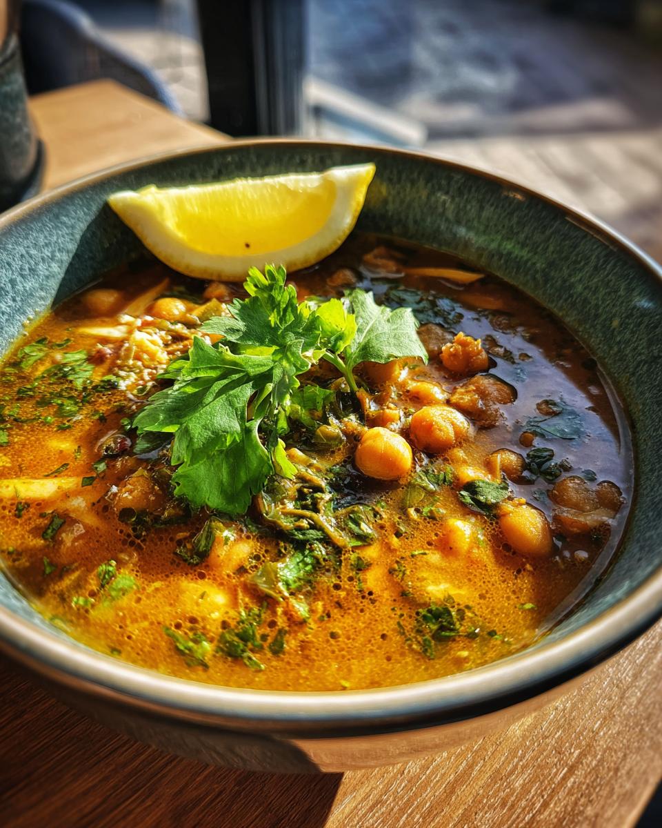 Close-up of harira style soup for iftar garnished with cilantro and lemon wedge in a green bowl.