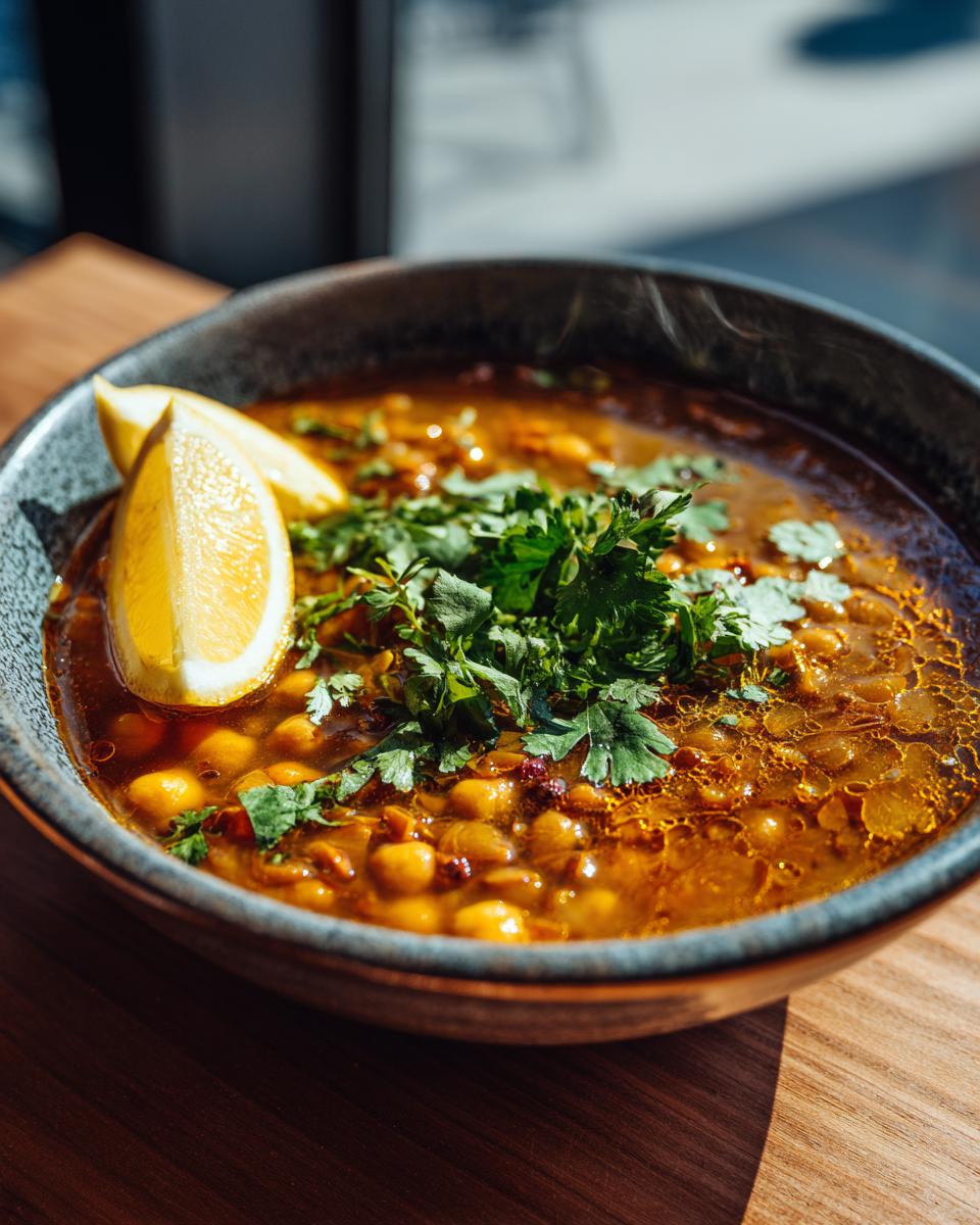 Bowl of steaming harira style soup for iftar garnished with fresh cilantro and lemon wedges