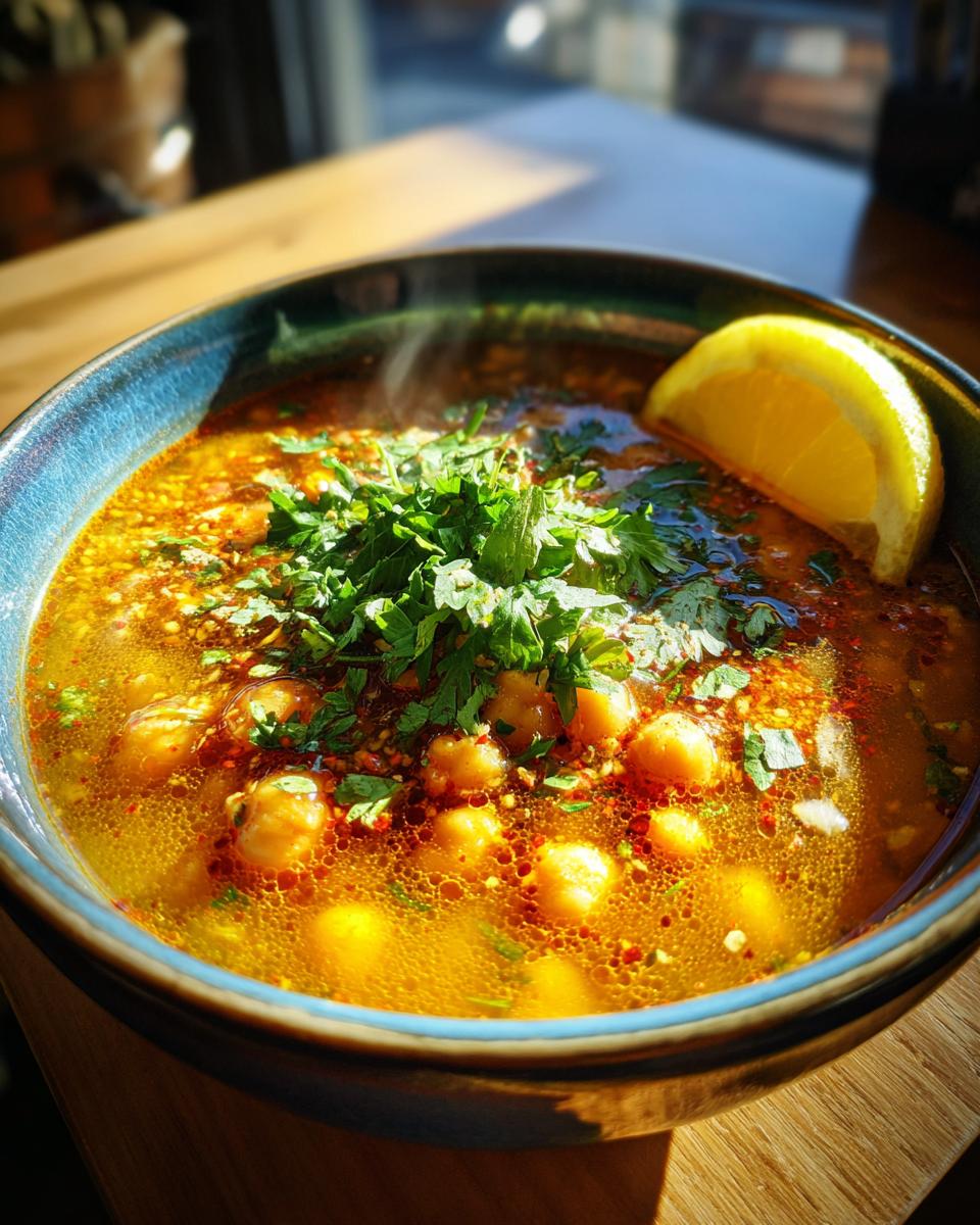 Steaming harira style soup for iftar with chickpeas, fresh herbs, and lemon wedge in blue bowl
