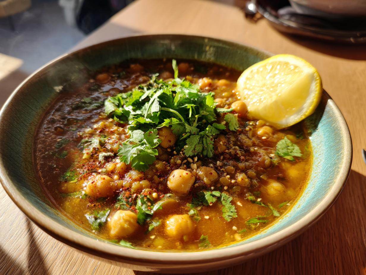 Bowl of harira style soup for iftar with chickpeas, herbs, spices, and lemon wedge