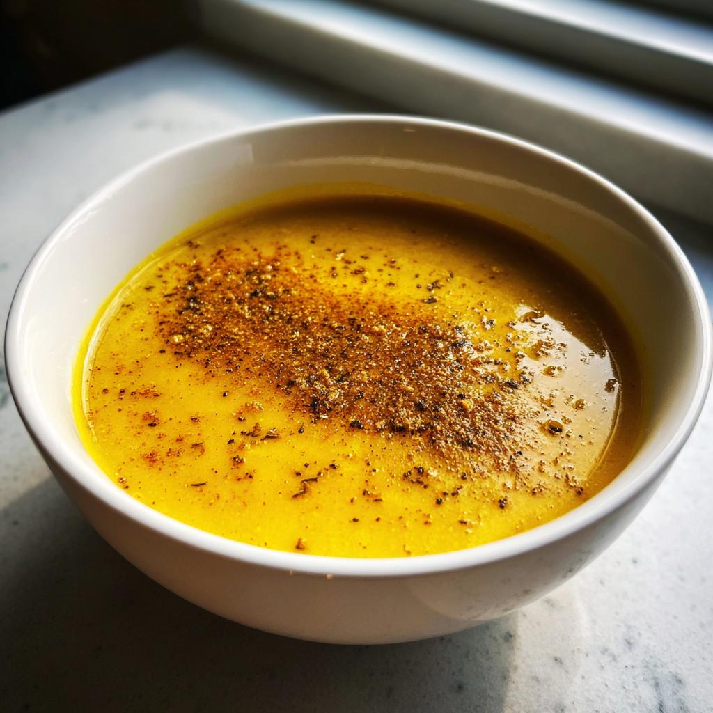 Bowl of creamy lentil soup for iftar topped with ground spices on a light surface.