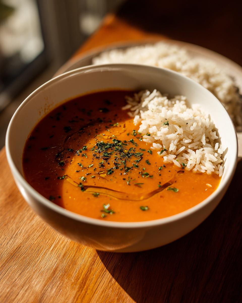 Bowl of hearty lentil soup garnished with herbs served with white rice on wooden table