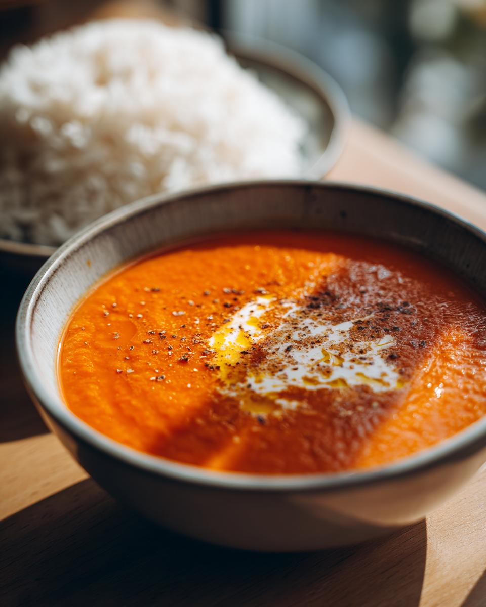 Bowl of hearty orange soup with cream and spices, served with a side of white rice.