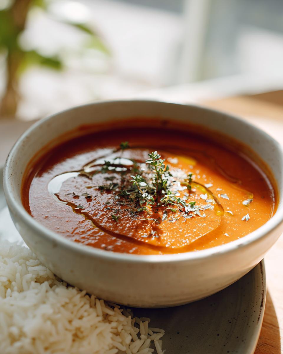 Bowl of hearty orange soup garnished with herbs and olive oil served with white rice