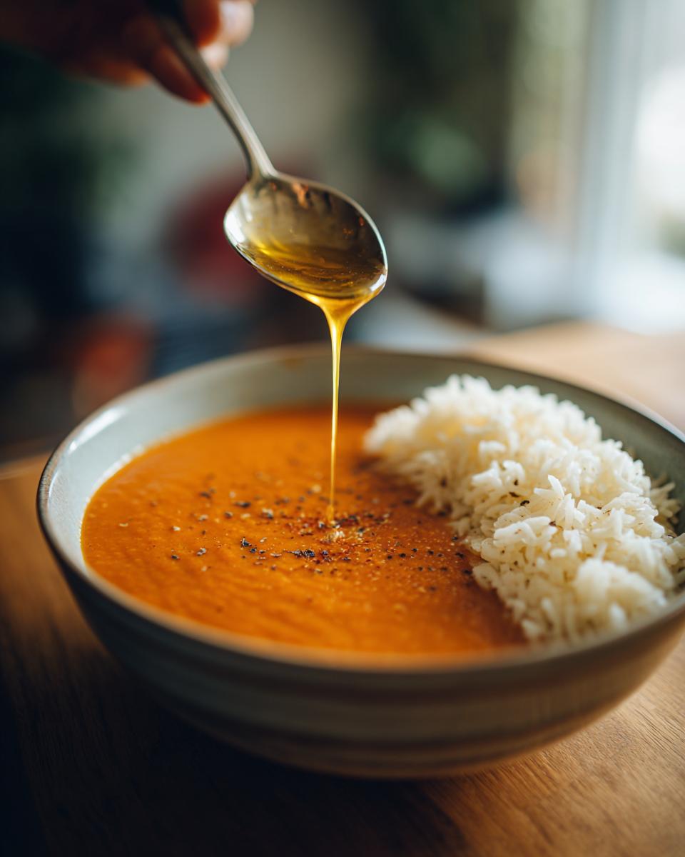 Bowl of hearty orange soup with white rice and honey being drizzled from a spoon