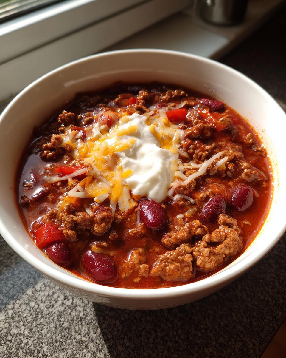 Bowl of super bowl chili topped with shredded cheese and sour cream
