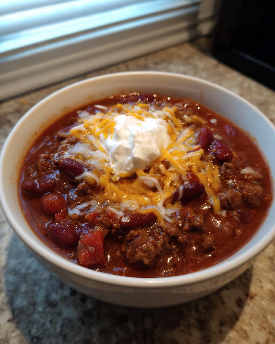 Bowl of super bowl chili topped with shredded cheese and a dollop of sour cream