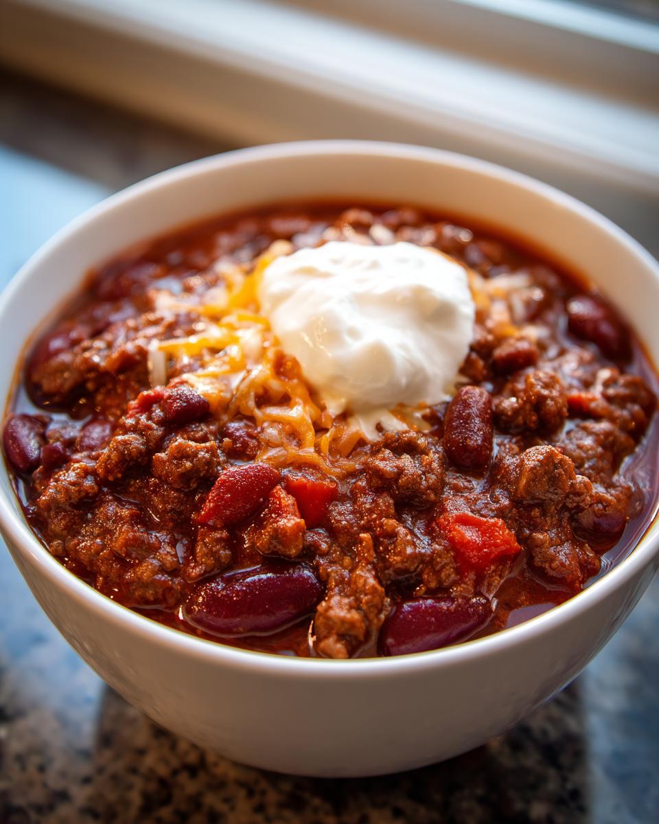 Bowl of super bowl chili topped with shredded cheese and sour cream on granite countertop