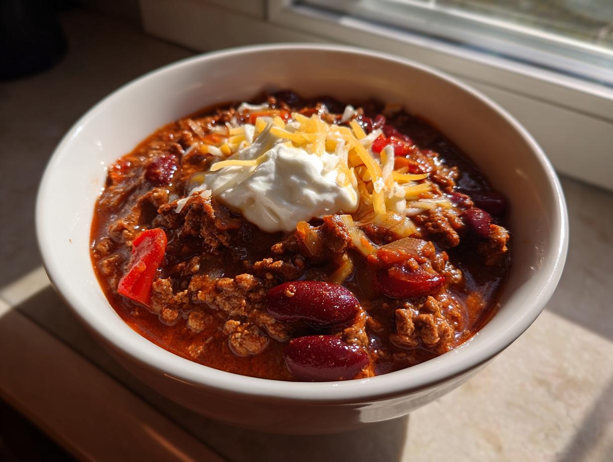 Bowl of super bowl chili topped with shredded cheese and sour cream on a windowsill