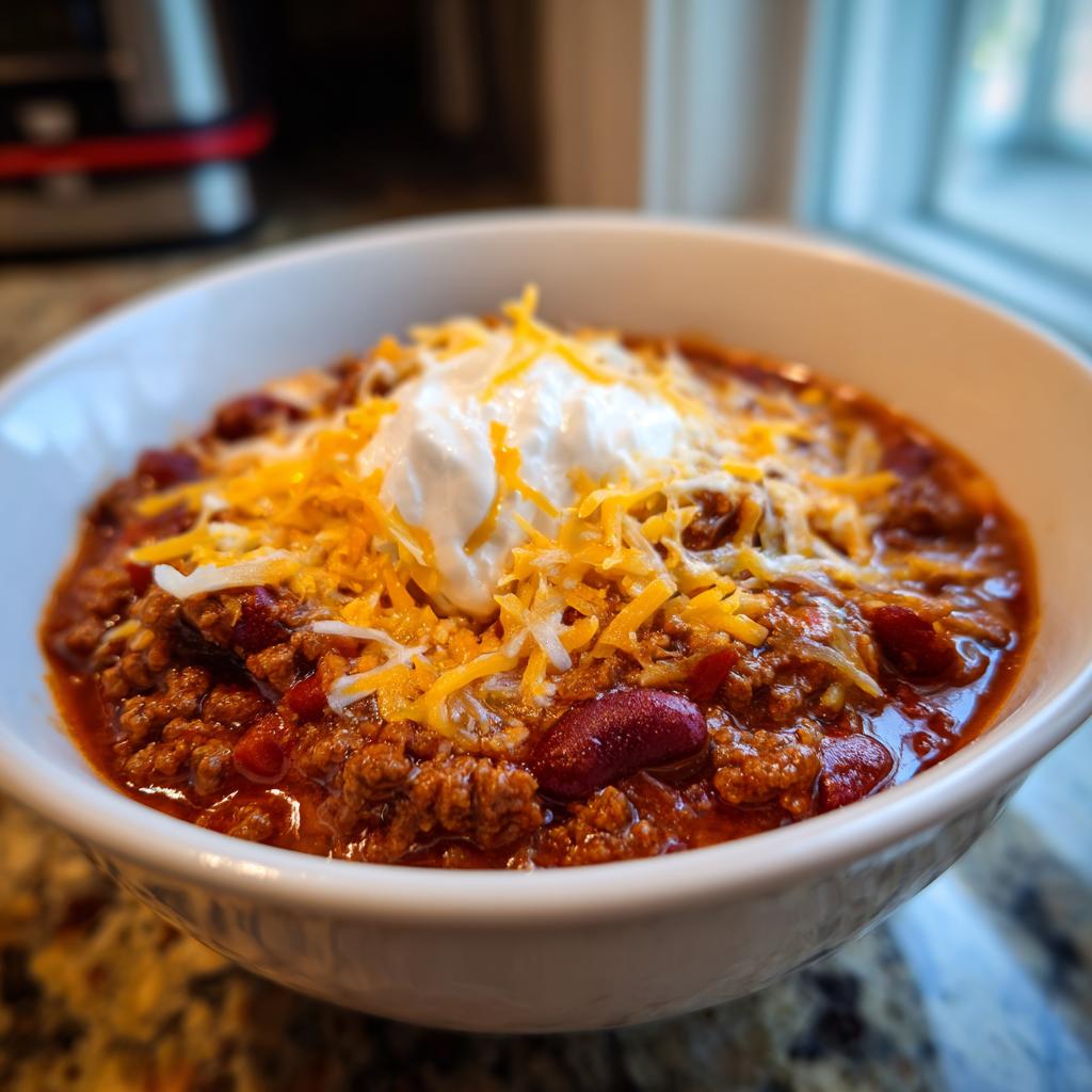 Bowl of super bowl chili topped with shredded cheese and sour cream.