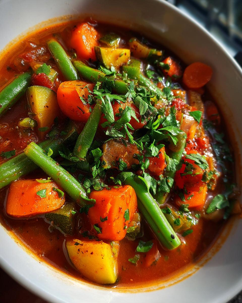 Bowl of hearty vegetable soup with carrots, green beans, zucchini, and fresh herbs.