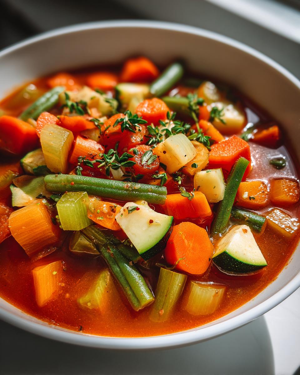 Bowl of hearty vegetable soup with carrots, green beans, zucchini, and herbs in tomato broth
