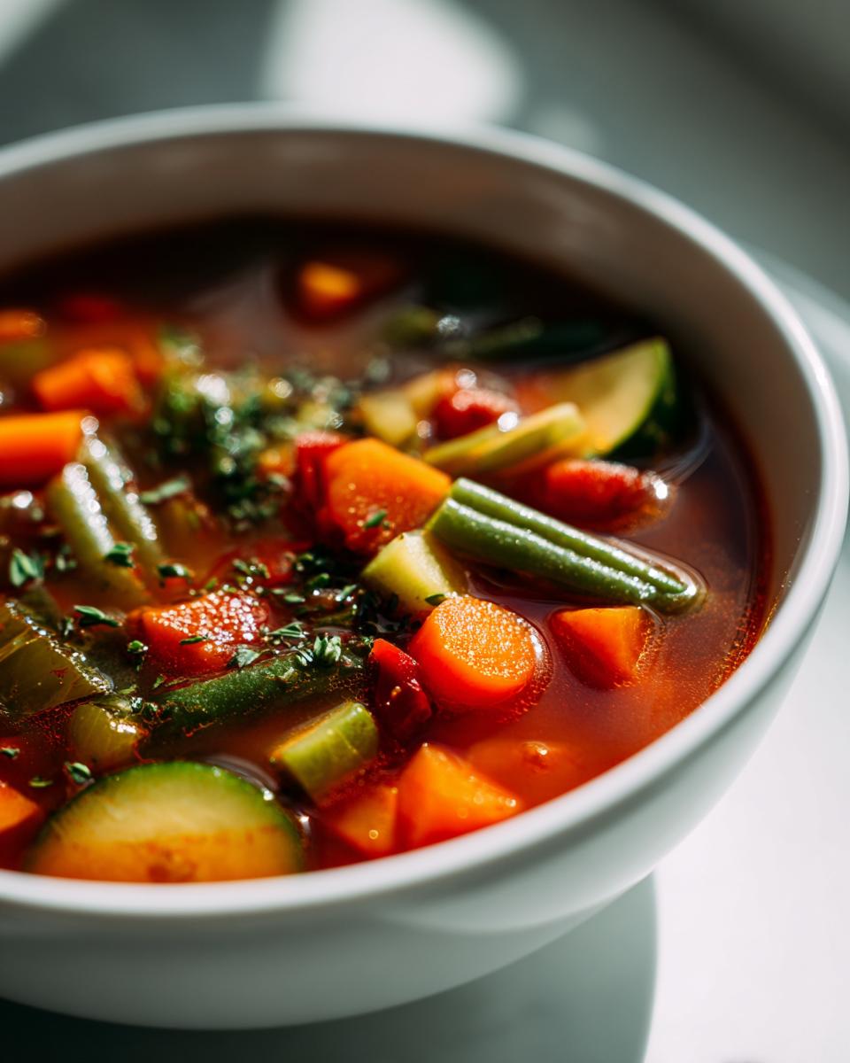 Bowl of hearty vegetable soup with carrots, green beans, zucchini, and herbs in broth