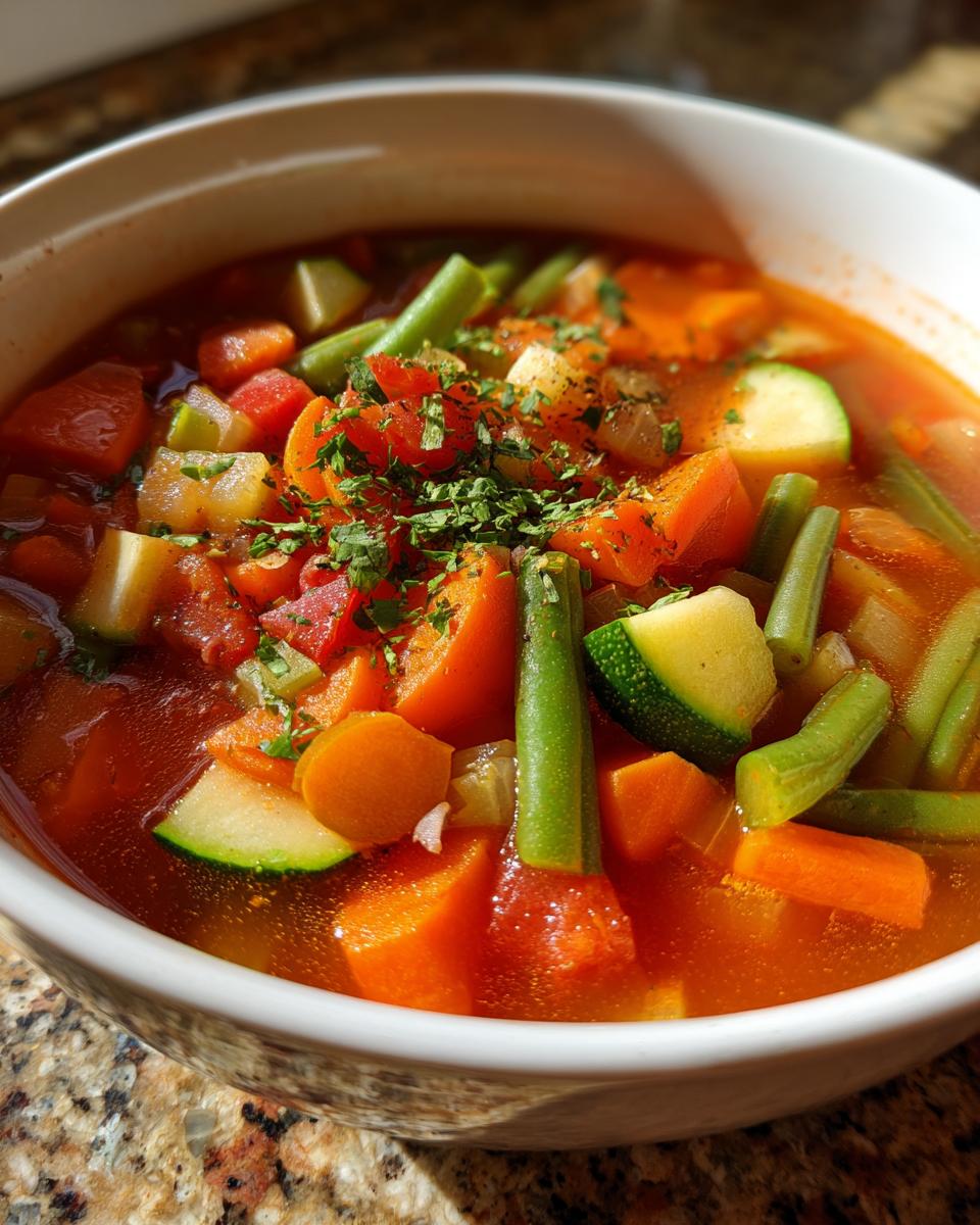 Bowl of vegetable soup recipes with carrots, green beans, zucchini, and herbs in broth.