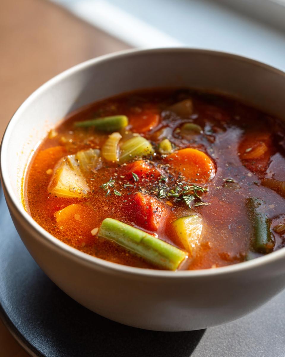 Bowl of hearty vegetable soup with carrots, green beans, celery, and herbs for winter soup recipes