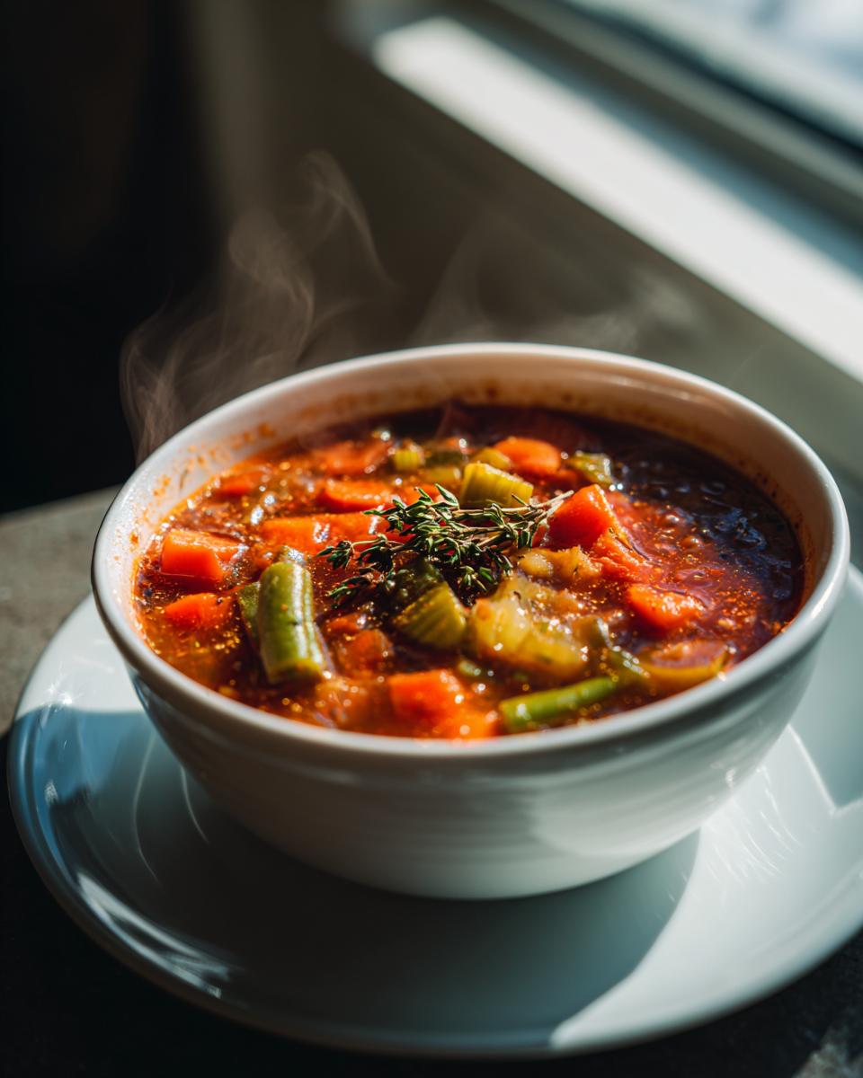 Steaming bowl of hearty vegetable soup with carrots, celery, and herbs for winter soup recipes