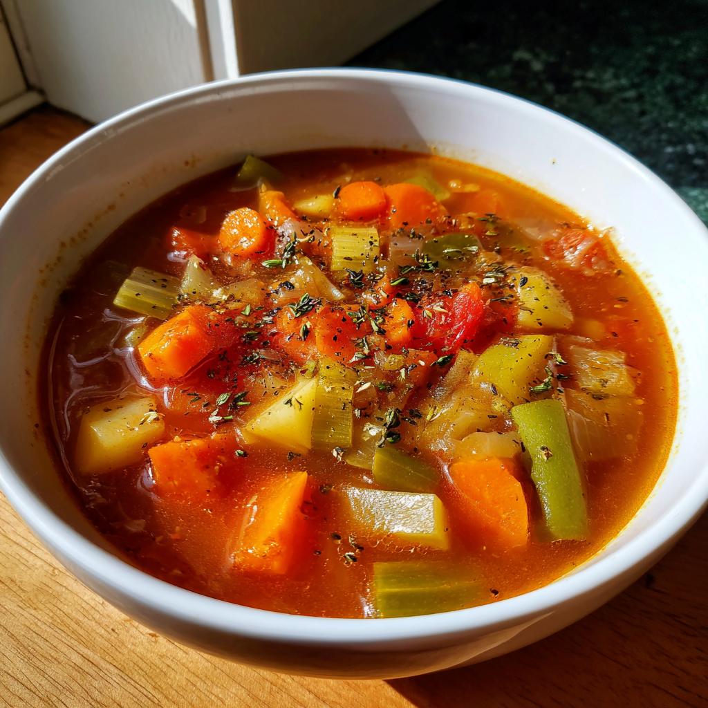 Bowl of hearty vegetable soup with carrots, celery, and herbs, perfect winter soup recipes