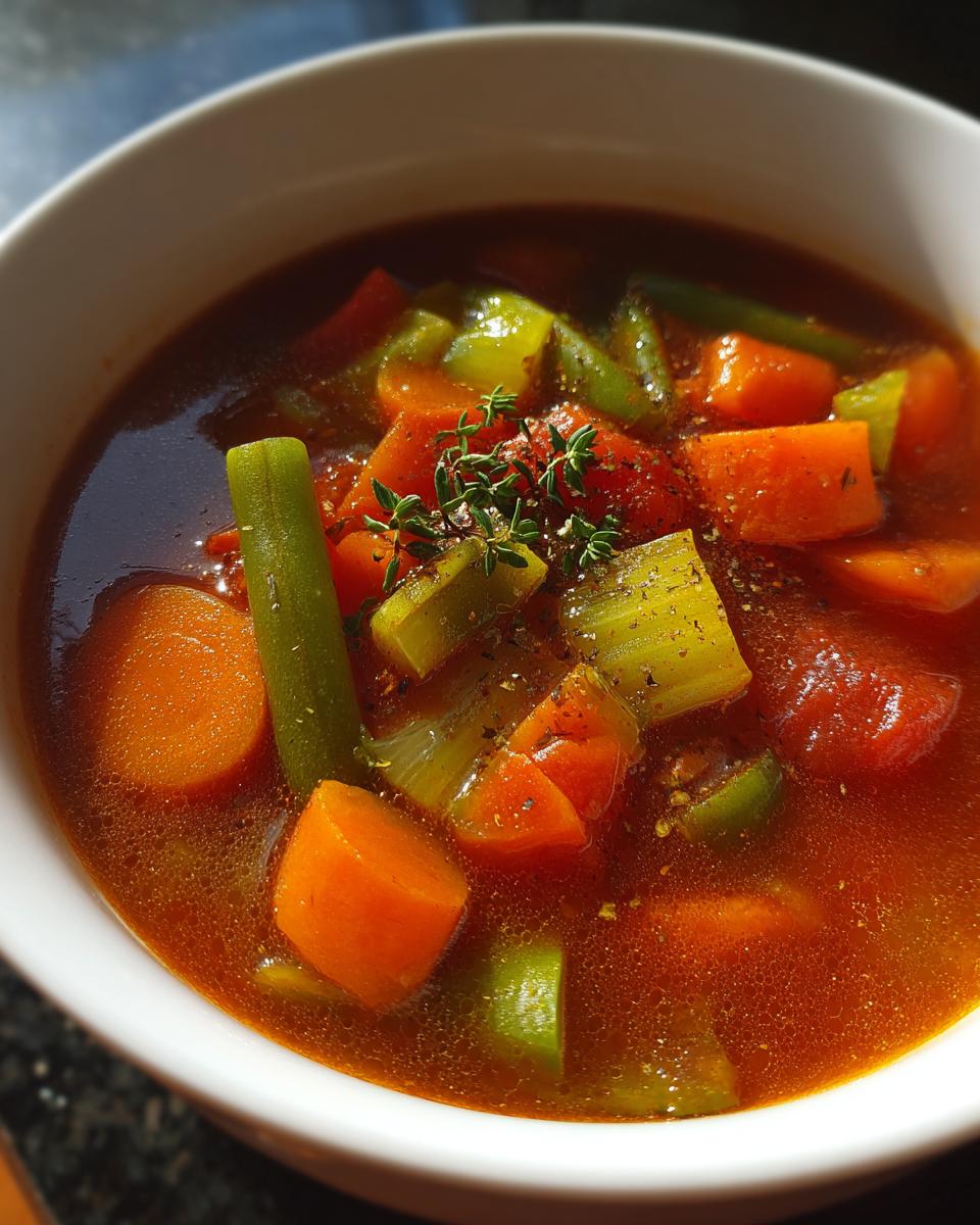 Close-up of hearty vegetable winter soup with carrots, celery, green beans, and herbs in broth