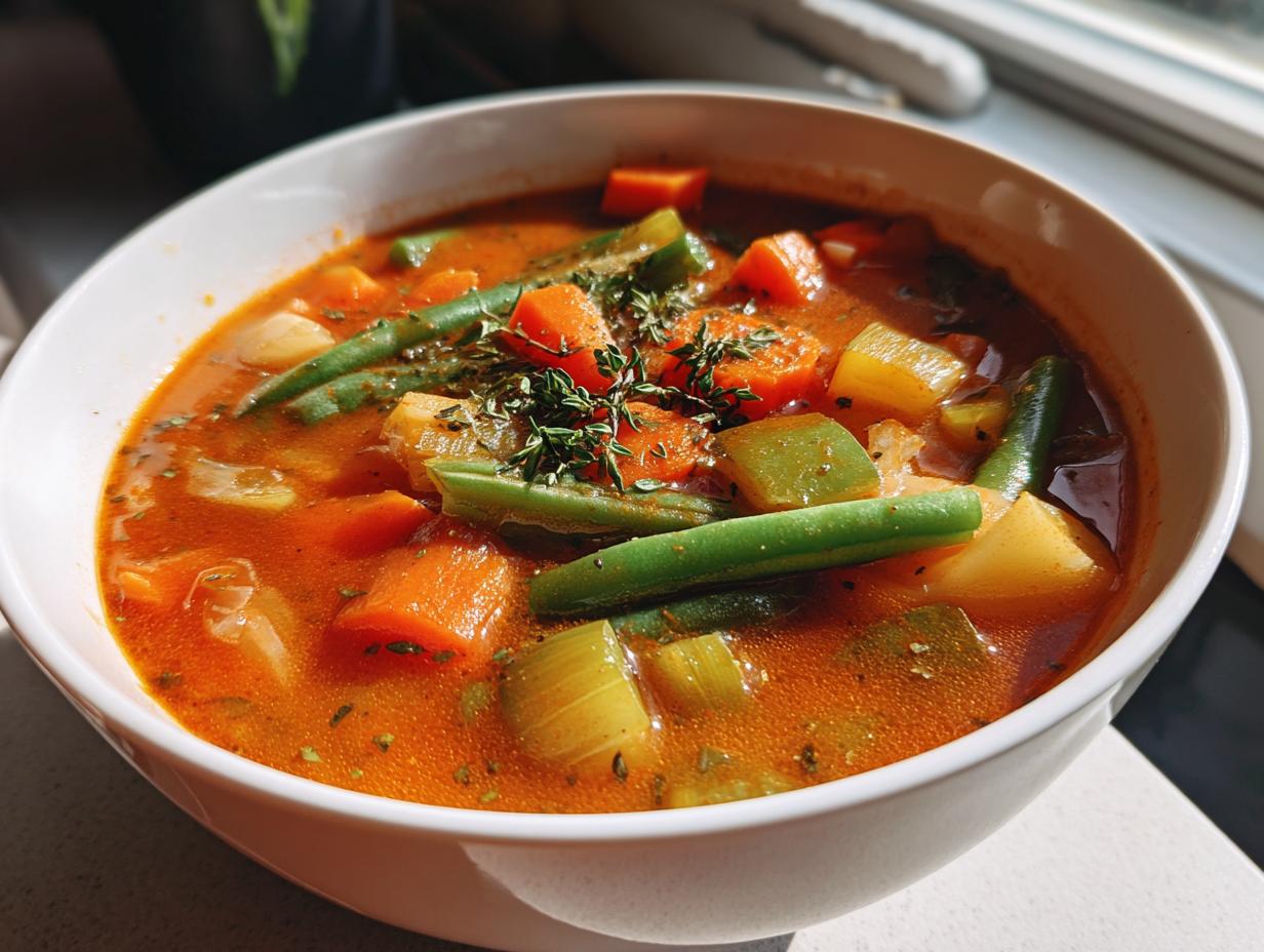 Bowl of hearty vegetable winter soup with carrots, green beans, celery, and herbs in broth.
