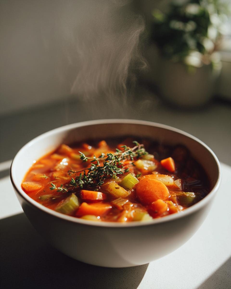 Steaming bowl of vegetable soup with carrots, celery, and herbs, perfect winter soup recipes
